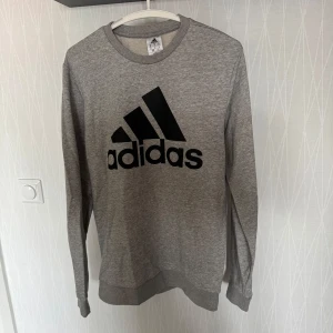 Grå sweatshirt från Adidas - Säljer en grå sweatshirt från Adidas med deras klassiska logga i svart på framsidan. Tröjan har långa ärmar och en rund halsringning. Perfekt för en avslappnad stil.