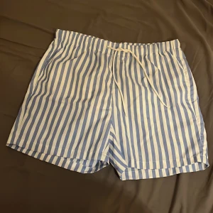 Randiga shorts från Shein - Snygga blå- och vitrandiga shorts från Shein i storlek S. De är tillverkade av 100% polyester och har en bekväm passform med snörning i midjan. Perfekta för en avslappnad stil.