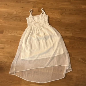 Vit klänning från Lindex - Säljer en söt vit klänning från Lindex med axelband och smockdetaljer upptill. Klänningen har en transparent överkjol som ger en fin lager-på-lager-effekt. Perfekt för sommarens varma dagar! Väldigt bra skick och lite använd! 