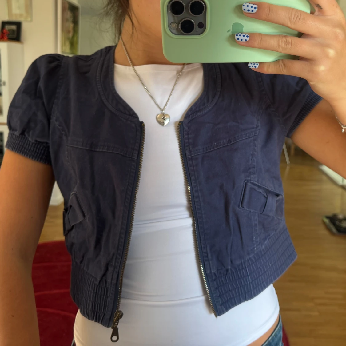 Mörkblå croppad jacka med puffärm - 2