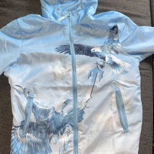 Trapstar windbreaker - Cool ljusblå vindjacka med ett stort tryck av örnar i flykt. Jackan har dragkedja framtill och två fickor med dragkedjor. Perfekt för blåsiga dagar och ger en unik stil med sitt djärva mönster.