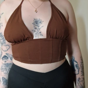 Brun croppad halterneck topp - Säljer en brun croppad halterneck topp från NA-KD. Toppen har knyt i nacken, djup urringning och bred resår under bysten för en snygg passform. Katt finns i hemmet