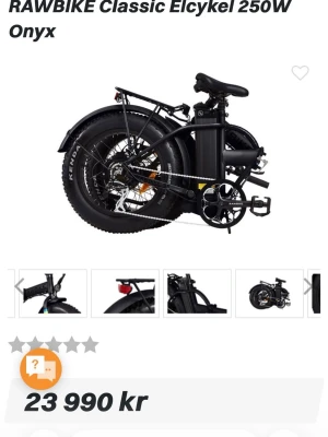 Ingen väst syns på bilderna - RAWBIKE Classic elcykel  är en svenskdesignad elcykel som kombinerar stil och funktionalitet. Med en kraftfull 250W motor och ett 48V/16Ah batteri erbjuder den en räckvidd på upp till 50 km. Utrustad med det praktiska AVS-systemet, är denna elcykel perfekt för pendling och vardagsbruk, och är rekommenderad av Teknikveckan, vilket gör den till ett pålitligt val för alla cyklister.  Cykeln är helt ny och har inte öppnats ur kartongen. Köpte den på 23,990kr vill sälja den för 16,000 kr.