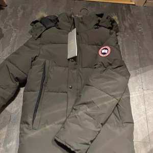 Canada goose jacka  - Säljer en mörkgrön dunjacka från Canada Goose med huva och pälskant. Jackan har dragkedja och knappar framtill, två sidofickor med dragkedja och klassisk logopatch på bröstet. Perfekt för kalla dagar och riktigt snygg stil.