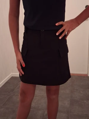 Svart kortkjol med fickor från Lindex - Svart kortkjol från Lindex med praktiska fickor på sidorna och knapp framtill. Kjolen har en rak passform och är tillverkad i ett mjukt syntetmaterial. Perfekt för dig som gillar enkel och stilren design.