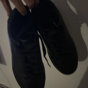 Sneakers - Säljer ett par helsvarta sneakers med klassisk design och rund tå. Skorna har platt sula och snörning framtill. Perfekta för en clean och stilren look. Materialet ser ut att vara syntet eller skinnliknande.