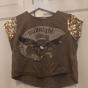 Brun topp med paljettärmar FB Sister XS - ⚠️ Skriv till mig innan köp! ⚠️Cool brun topp från FB Sister i storlek XS med tryck av örn och texten 'midnight riding'. Ärmarna är täckta av glittriga paljetter i guld och silver, vilket ger en extra edgy vibe. Toppen har en croppad passform och är perfekt för dig som gillar statement-plagg.