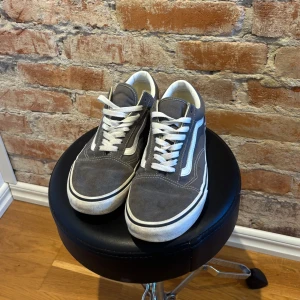 Grå Vans Skor - Säljer ett par grå Vans med klassisk vit sidorand och vita snören. Ovandelen är i mocka och canvas, med en platt gummisula i brunt. Riktigt sköna skor för ett billigt pris!🤩