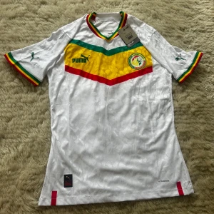 Senegal fotbollströja Puma M - Senegals officiella fotbollströja från Puma i vitt med detaljer i gult, grönt och rött. Tröjan har korta ärmar, broderad Puma-logga och Senegals landslagsemblem på bröstet. Tillverkad i lätt och ventilerande polyester med subtilt mönster i tyget.