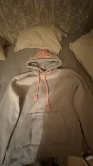 Grå syna world hoodie  - Säljer en beige hoodie från 0% Fuckeries med grova rosa snören och tryck på huvan. Tröjan har en stor magficka och mjukt material som känns skönt mot huden. Perfekt för chill dagar och streetwear-stil.
