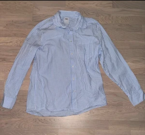 Blåvit randig skjorta från Zara L - Säljer en relaxed fit skjorta från Zara i storlek L. Skjortan är blåvit med smala ränder, har klassisk krage, långa ärmar och knäppning framtill. Tillverkad i bomull och passar perfekt för en chill och stilren look.