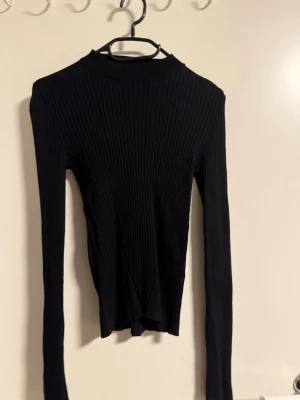 Svart ribbad polotopp - Säljer en svart ribbad polotopp med lång ärm. Toppen har en tight passform och är tillverkad i ett stretchigt material som sitter snyggt på kroppen. Perfekt att styla med jeans eller kjol för en clean look.