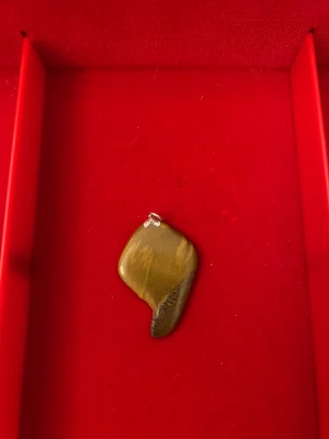 Äkta silver fäste med brunt sten - Säljer ett halsband med ett coolt, asymmetriskt hängsmycke i brun sten och äkta silver fäste. Stenen har naturliga mönster och en mörkare kant som ger en jordnära vibe. Perfekt för dig som gillar unika accessoarer med naturlig känsla.