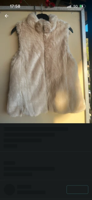 Beige fluffig pälsväst - Säljer en supermjuk och fluffig beige pälsväst med hög krage. Västen har en stilren och enkel design utan synliga detaljer eller mönster, perfekt för att addera lite lyx till din outfit. Materialet är pälsimitation och färgen är ljusbeige. Använd 2-3 gånger. Storlek lappen åkte i tvätten 