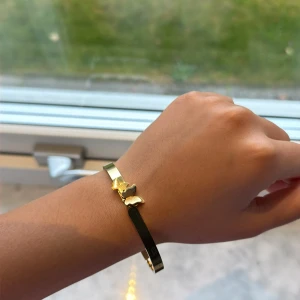 Guldigt armband med fjäril - Snyggt armband i guldton med en liten fjäril som detalj. Armbandet har en stilren och smal form, och är tillverkat i metall med blank finish. Perfekt för dig som gillar minimalistiska smycken med en twist. Lätt att matcha med andra accessoarer.