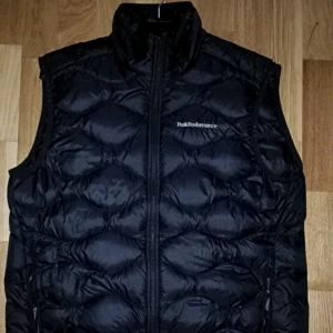 Svart dunväst Peak Performance helt ny - Svart dunväst från Peak Performance med quiltad design och hög krage. Västen har dragkedja framtill och ett stilrent, sportigt utseende. Perfekt att slänga över en hoodie eller tröja när det är kyligt ute. Logotypen syns på bröstet. Använd endast en gång men lite för stor för mig funkar med tjock hoodie under dock storlek L men mer som medium  köpt för 2400 säljer för 1200