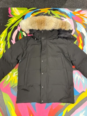 Svart dunjacka med pälsluva - Säljer en svart dunjacka med stor huva och snygg pälsdetalj. Jackan har dragkedja och knappar framtill, två stora fickor och quiltad design. Perfekt för kalla dagar och riktigt varm. Klassisk look som funkar till det mesta.