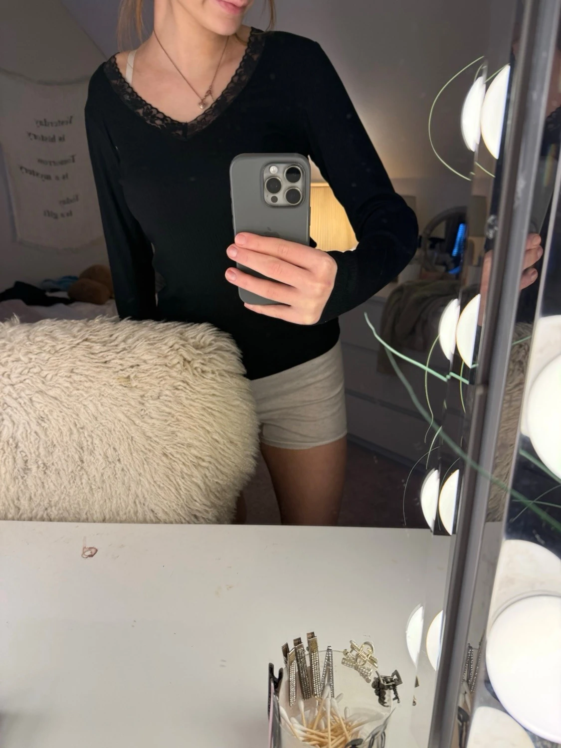 Svart ribbad långärmad topp med spets - 4