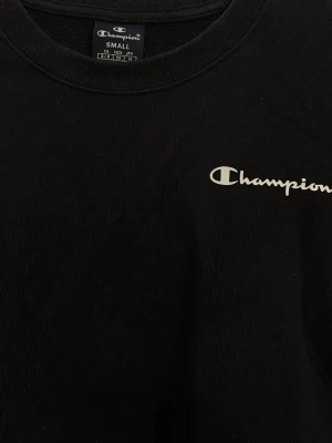Svart Champion sweatshirt i bomull - Svart långärmad sweatshirt från Champion i mjuk bomull. Klassisk rund hals och logotyp tryckt på bröstet samt liten logga på ärmslutet. Perfekt för chill dagar och enkel att matcha med jeans eller joggers.