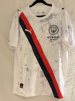 Manchester City tröja Foden #47 - Säljer en Manchester City borta matchtröja med Foden 47 på ryggen. Tröjan är vit med snyggt mönster, har en diagonal röd och marinblå rand på framsidan samt broderat klubbmärke och Etihad Airways-logga. Materialet är lätt polyester.