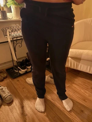 Mörkblå mjukisbyxor Tommy Hilfiger S - Säljer ett par mörkblå mjukisbyxor från Tommy Hilfiger i storlek S. Byxorna har elastisk midja med snörning och klassisk Hilfiger-logga broderad vid fickan. Materialet är mjukt och består av bomull och elastan, vilket gör dem riktigt sköna att ha på sig.