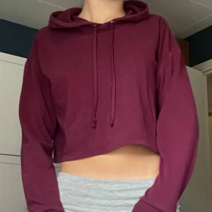 Vinröd croppad hoodie från H&M Divided - Säljer en vinröd croppad hoodie från H&M Divided. Tröjan har huva med snörning, långa ärmar och är tillverkad i mjuk bomullsmix. Perfekt för en chill och avslappnad stil. Passar dig som gillar en lite loose fit och vill ha något bekvämt och snyggt.