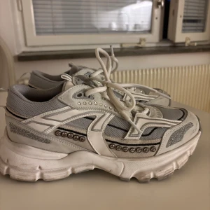 Axel arigato limited edition - Snygga chunky sneakers i vitt och grått med glittriga strassdetaljer och silvriga inslag. Skorna har snörning, tjock sula och coola paneler i mesh och syntet. Perfekta för dig som vill sticka ut med lite extra bling i vardagen. Köpta för 3000kr.