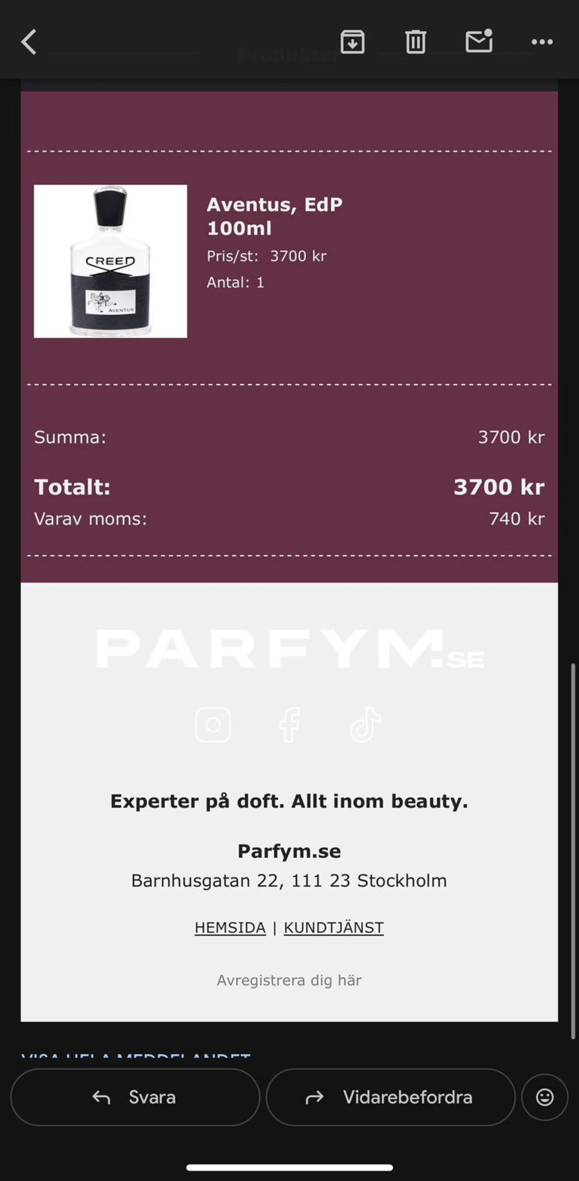 Creed Aventus EdP 100ml med kvitto och köpbevis 