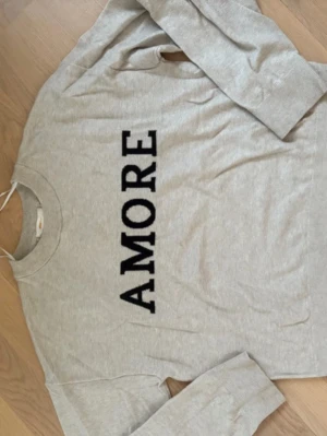 Grå sweatshirt med AMORE från Gina Tricot - Snygg grå sweatshirt från Gina Tricot med svart texten 'AMORE' framtill. Tröjan har rund hals, långa ärmar och är gjord i mjuk bomullsmix som är skön att ha på sig. Perfekt för dig som gillar enkel och stilren design.