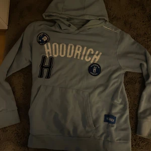 Ljusblå hoodie från Hoodrich M - Säljer en ljusblå hoodie från Hoodrich med tryck och broderade patches framtill. Tröjan har huva, magficka och coola detaljer som logga och text. Perfekt för dig som gillar streetwear och vill sticka ut lite extra.