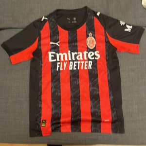 AC Milan kortärmad matchtröja Puma - AC Milan fotbollströja i svart och rött med klassiska vertikala ränder. Puma-logga på bröstet och AC Milan-emblem med stjärna. Materialet är lätt och andas, perfekt för träning eller match. Snyggt tryck med Emirates Fly Better på framsidan.