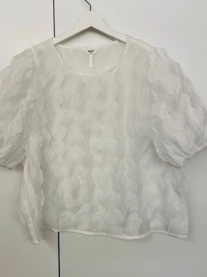 Object vit blus - Vit blus med puffärmar och dekorativt mönster.  Rund halsringning och rak passform.   Storlek 38  Kommer från ett djur och rökfritt hem.