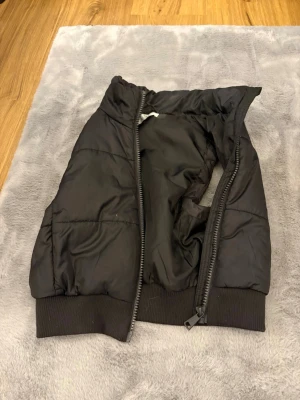 Svart dunväst från H&M - Säljer en svart dunväst från H&M med hög krage och bred mudd nertill. Västen har en rejäl dragkedja framtill och är tillverkad i ett glansigt syntetmaterial. Perfekt att slänga över en hoodie för extra värme.