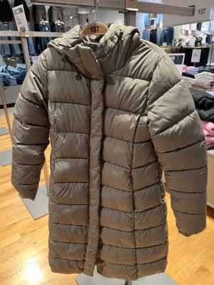 Grön lång pufferjacka med huva - Säljer en beige pufferjacka med huva och horisontella quiltade paneler. Jackan är lång, har dragkedja och knappar framtill och är perfekt för kalla dagar. Materialet är syntet och jackan har en normal passform med långa ärmar.