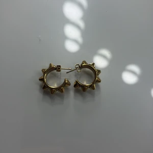 Guldiga örhängen med nitar - Coola guldiga örhängen i creolform med utstickande nitar runt hela ringen. De har en chunky design som ger en edgy vibe och är perfekta för dig som gillar att sticka ut. Passar till hål i öronen med klassisk stift. Säljs som par.