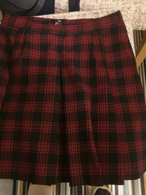 Rutig röd kjol från H&M, storlek 36 - Säljer en kort rutig kjol från H&M i storlek 36. Kjolen har ett klassiskt röd- och svartmönster med plisserade detaljer och är tillverkad i polyester. Perfekt för dig som gillar en edgy och trendig stil.