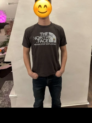 Två The North Face t-shirt S - Säljer en beige t-shirt från The North Face i 100% bomull. Framsidan har en liten svart logga på bröstet och baksidan har ett stort tryck med bergsmotiv och texten 'Never Stop Exploring'. Klassisk passform och rund hals. En är S en är M. Modellen är 175 cm, vikt 68 kg. En för 75 kr båda för 120kr