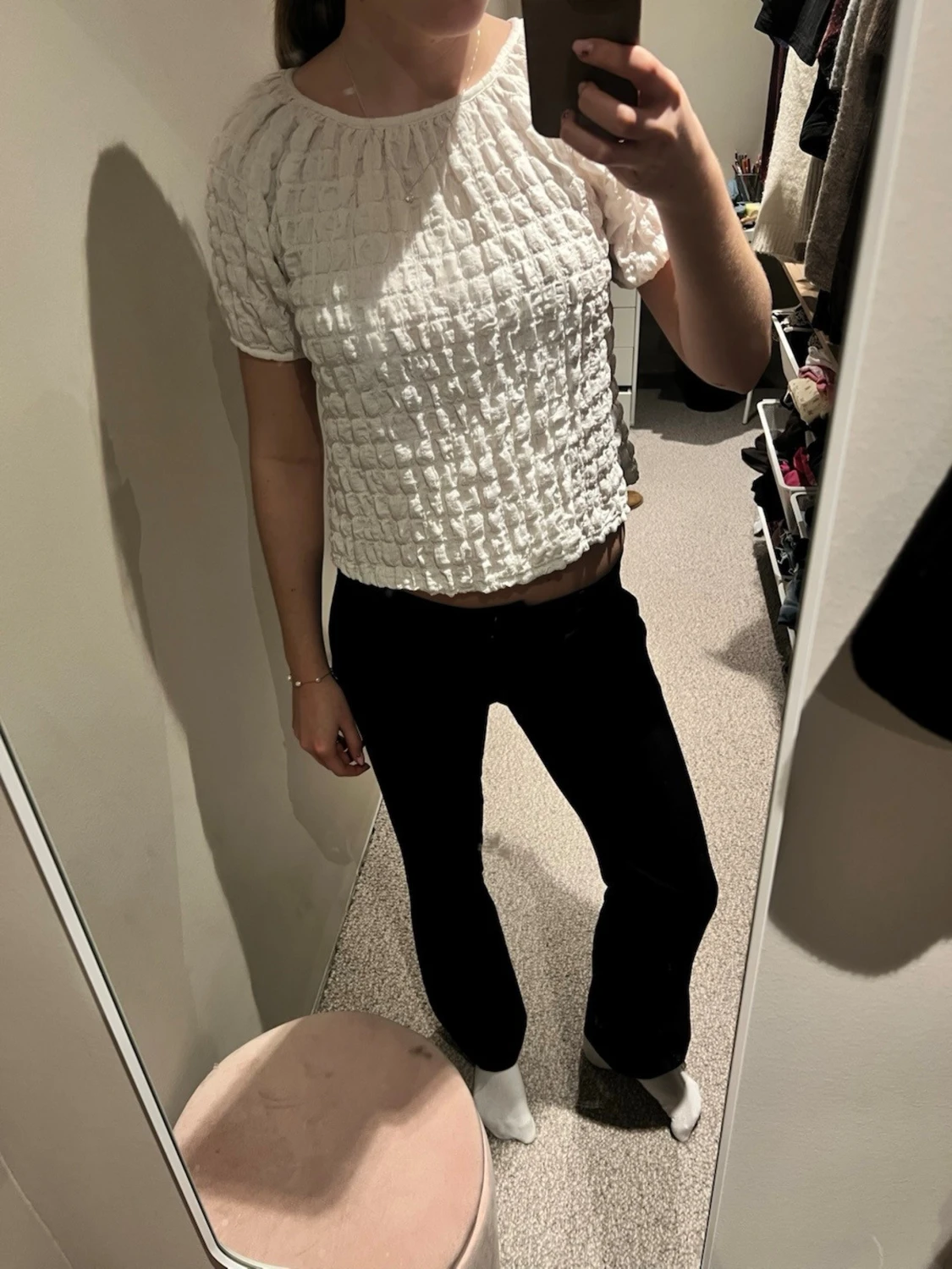 Vit strukturerad blus med kort ärm