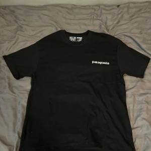 Svart Patagonia t-shirt  - Svart t-shirt från Patagonia i regular fit med klassisk logga på bröstet och stort färgglatt Patagonia-tryck på ryggen. Storlek är M, mitt pris  399kr