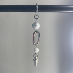 Ett silvrigt örhänge med en pärla i mitten  - Ett silvrigt örhänge med en pärla i mitten,ringen i örat är från Edblad.
