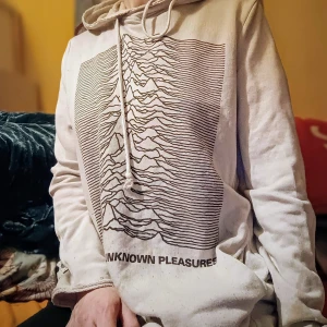 Vit/Beige hoodie med Joy Division-tryck - Säljer en vit/beige hoodie med det ikoniska 'Unknown Pleasures'-trycket från Joy Division. Perfekt för alla musikälskare! Den har en bekväm passform med långa ärmar, en klassisk huva med dragsko och två fickor. Perfekt för höst och vinter. Obs![ Finns några små fläckar som knappt syns, borde gå bort med fläckborttagning.]