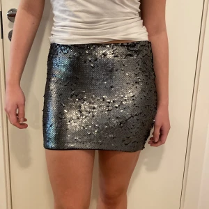 Glittrig kjol från H&M Divided - Säljer en superfin glittrig kortkjol från H&M Divided i storlek S. Kjolen är täckt med silverfärgade paljetter som ger en riktigt festlig look. Perfekt för nyår eller en utekväll! Den har en tight passform som framhäver figuren. 🖤✨