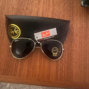 HELT NYA Ray-Bans - Säljer ett par snygga Ray-Ban solglasögon med guldfärgad ram och mörka glas. De är helt nya  och kommer med originalfodral. Perfekta för sommardagar och ger en klassisk look. Kan vara smart att köpa ett par snygga solglasögon nu satt du har ett par redo för våren/sommarn. Skydda dina ögon med stil! 😎