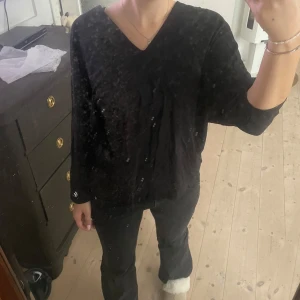 Svart v-ringad tröja - Säljer en stilren svart v-ringad tröja i normal passform. Perfekt för både vardag och fest. Tröjan har långa ärmar och är superbekväm att bära. Passar till alla tillfällen och är ett måste i garderoben!