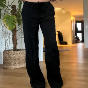 Svarta byxor med snörning - Svarta linnebyxor med snörning från Zara🖤Har dessutom sömmar på framsidan av byxorna vilket inte syns så tydligt på bilden! Finns ingen storlekslapp men jag har vanligtvis storlek S och dessa passar perfekt i midjan.
