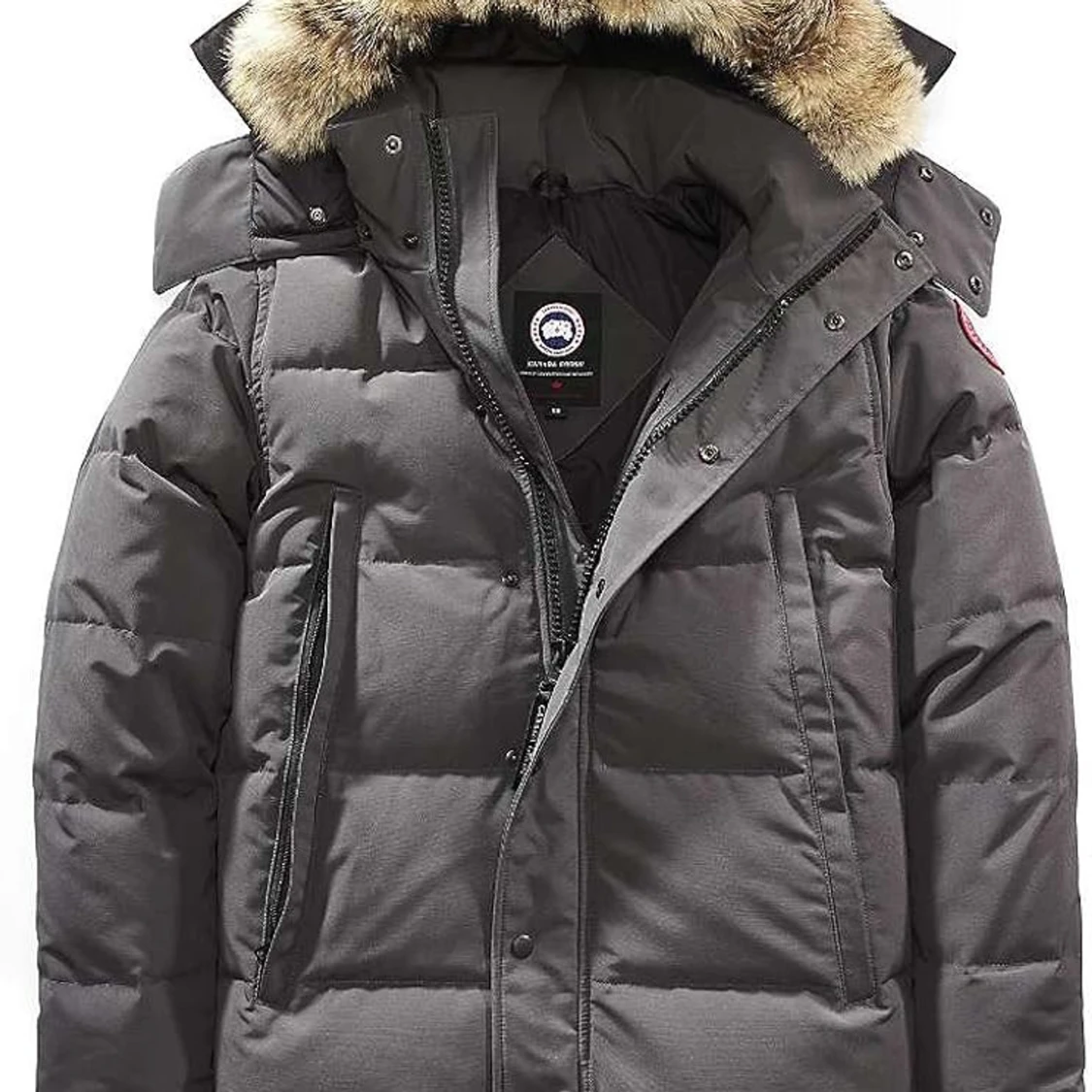 Grå dunjacka med pälsdetalj