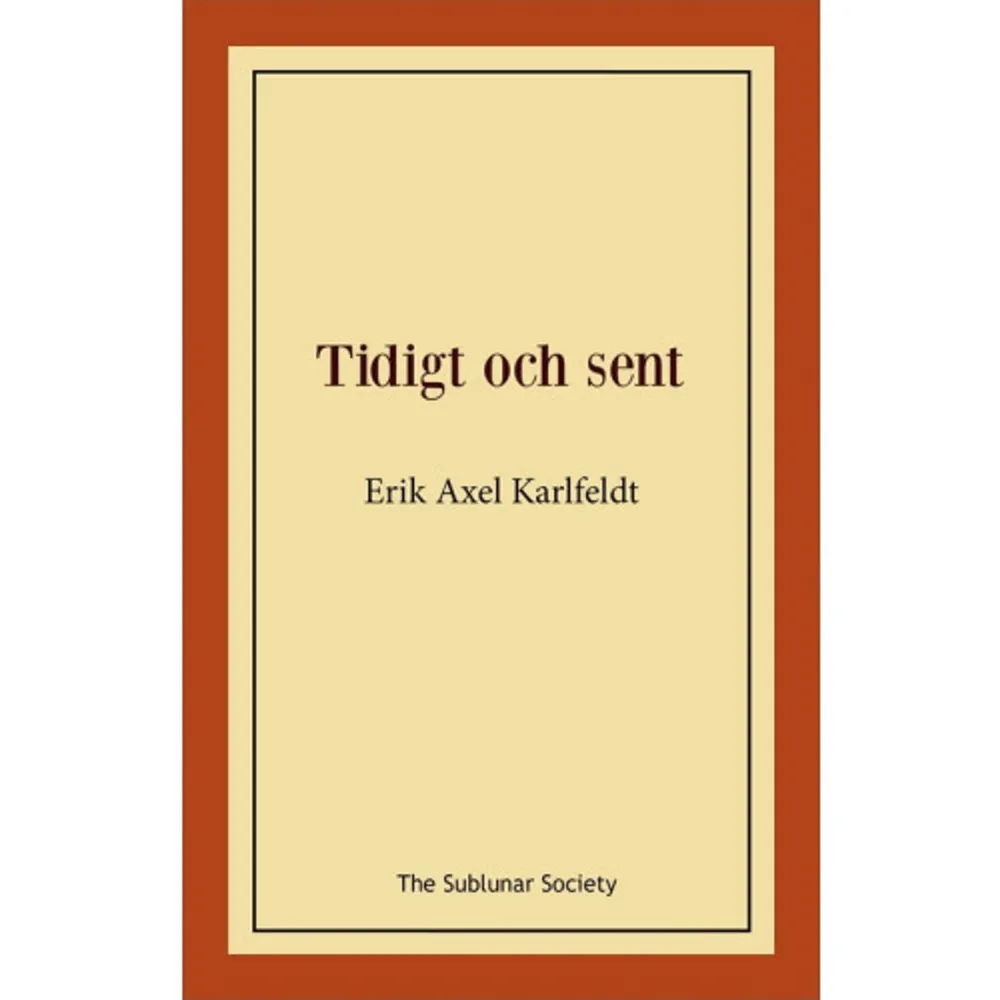 Som titeln antyder innehåller Tidigt och sent Karlfeldts Ungdomsdiktning samt poesi som tillkom efter hans sista diktsamling, Hösthorn (1927). Merparten av dikterna i denna volym har av okänd anledning ej medtagits i de ”samlade dikter” som i olika utgåvor presenterats genom åren, vilket innebär att många av de här presenterade dikterna har förblivit okända. I avdelningen Tidiga dikter har den ursprungliga stavningen konsekvent bibehållits. Karlfeldts stavningsregler var delvis hans egna och det har därför ansets lämpligt att inte justera eller modernisera stavningen i dessa hans tidigaste alster, vilka företrädelsevis publicerades i olika tidningar.    Format Häftad   Omfång 101 sidor   Språk Svenska   Förlag The Sublunar Society   Utgivningsdatum 2019-04-13   ISBN 9789188221742  . Böcker.