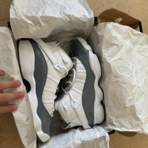 Nike Air Jordans i vitt och grått - Snygga Nike Air Jordans i vitt och grått med klassisk snörning och ikonisk logga. Skorna har en stilren design med en kombination av syntetmaterial och skinn. Perfekta för den som vill ha en sportig och trendig look. Jordan 6 champion rings. 