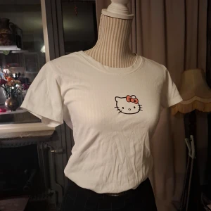 Vit Hello Kitty t-shirt - Säljer en söt vit t-shirt med Hello Kitty-tryck på bröstet. T-shirten har en klassisk rund hals och korta ärmar. Perfekt för alla Hello Kitty-fans! 🐱 finns en liten röd "fläck" som syns på andra bilden.
