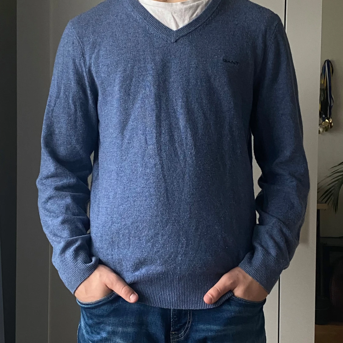 Blå gant tröja i merinoull